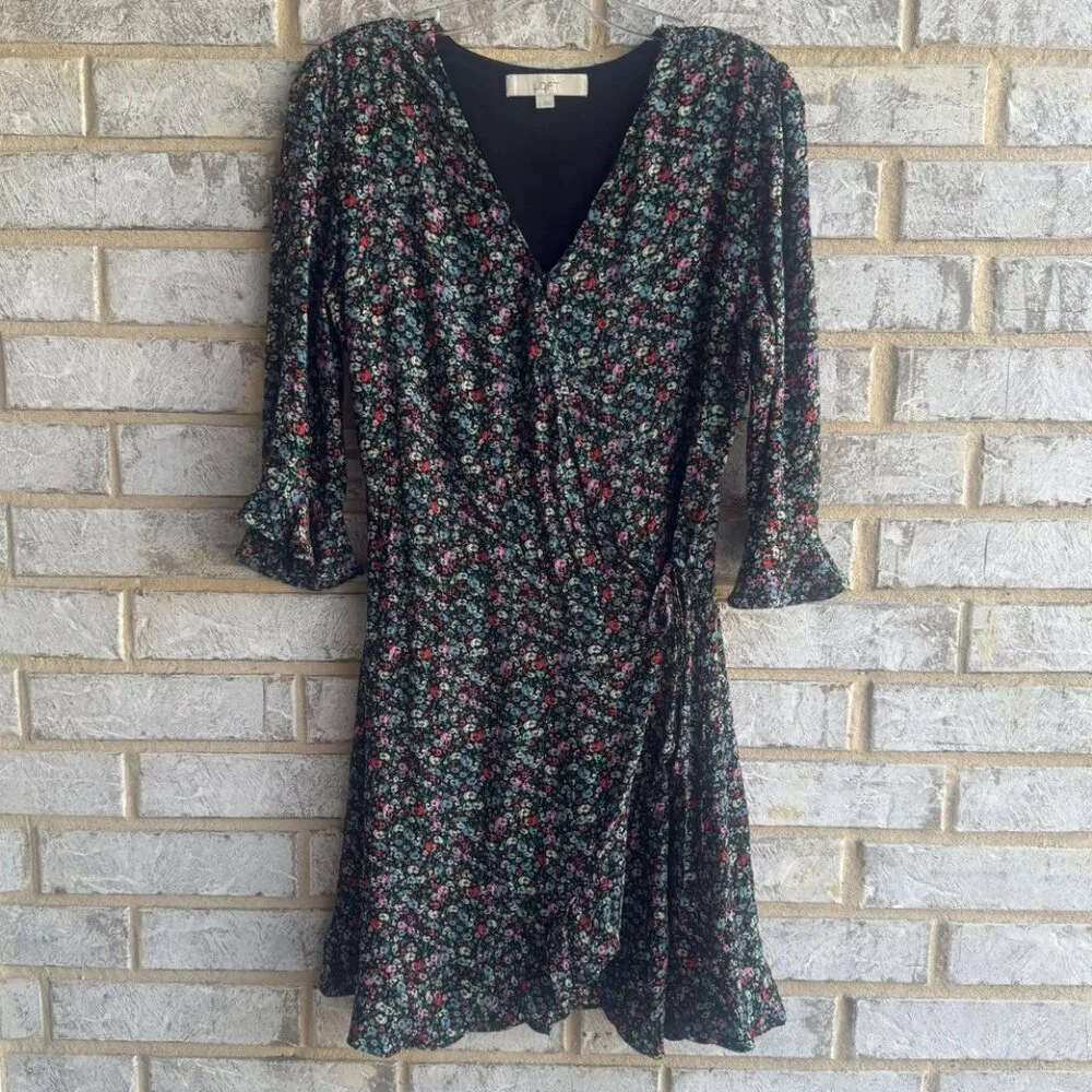 Loft Ruffle 3/4 Sleeve V-Neck Wrap Floral Skort Dress Women's Size S